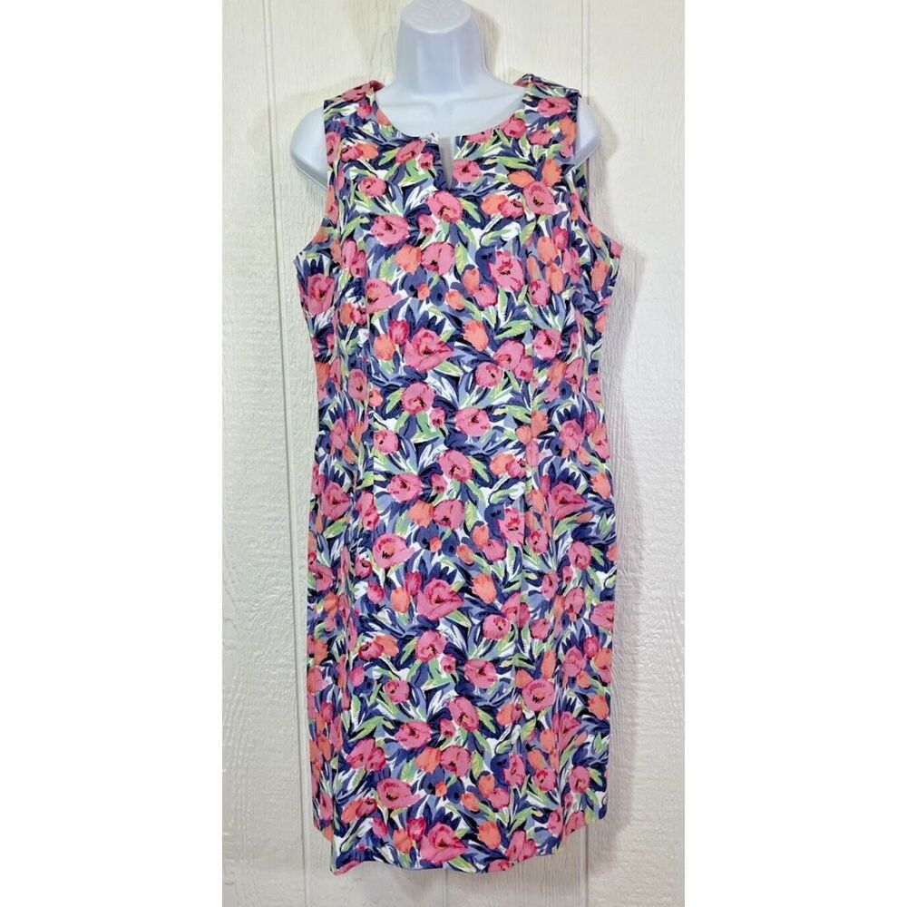 Talbots Pink Navy Blue Floral Sleeveless Shift Dress Size 14 Career Casual Work